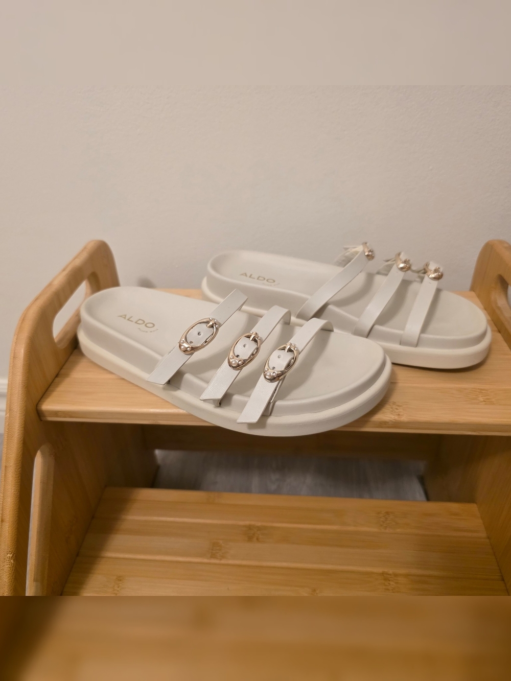 ALDO White Triple-Strap Slide Sandals with Gold Buckle Accents